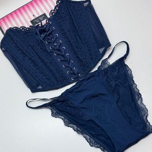 ✨Victoria's Secret Midnight Blue Lace Bandeau Set Sz small //panty large NWT